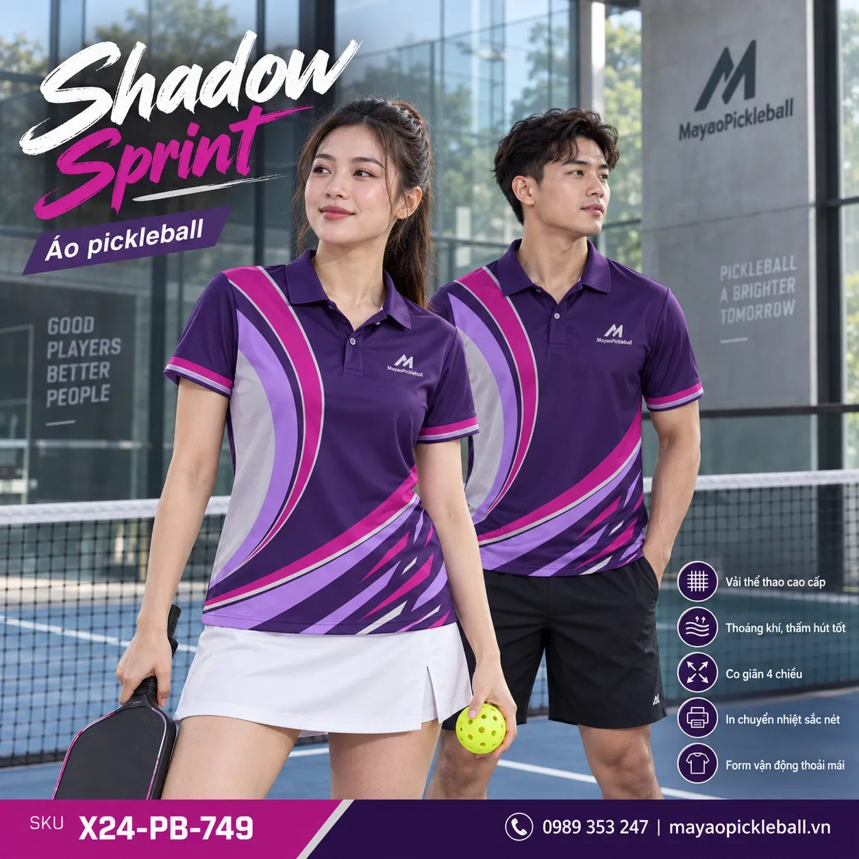 Mẫu áo pickleball Shadow Sprint phối midnight purple, magenta, lavender, silver, tùy chỉnh logo và tên số cho đội.