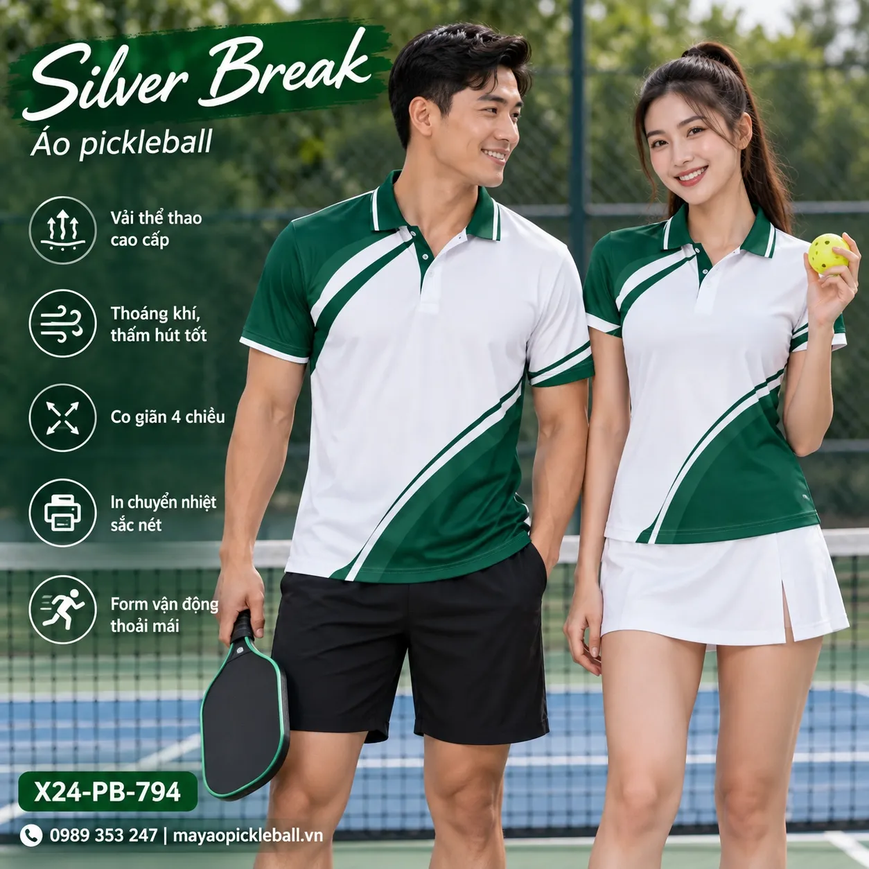 Mẫu áo pickleball Silver Break phối trắng, xanh emerald, tùy chỉnh logo và tên số cho đội.