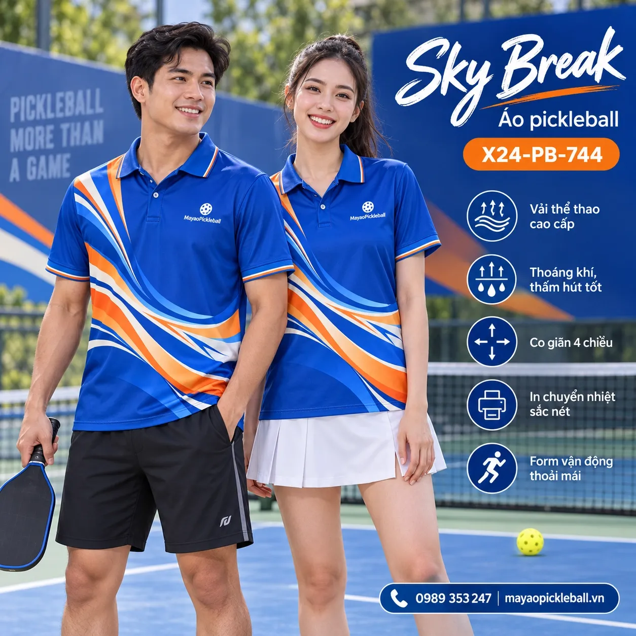 Mẫu áo pickleball Sky Break phối xanh cobalt, cam, kem, tùy chỉnh logo và tên số cho đội.
