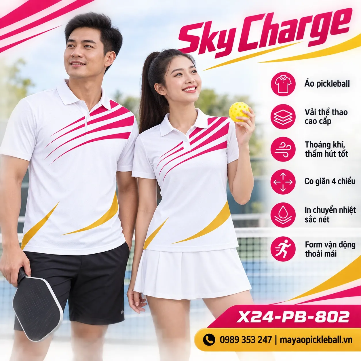 Mẫu áo pickleball Sky Charge phối ngọc trai, hồng magenta, vàng gold, tùy chỉnh logo và tên số cho đội.