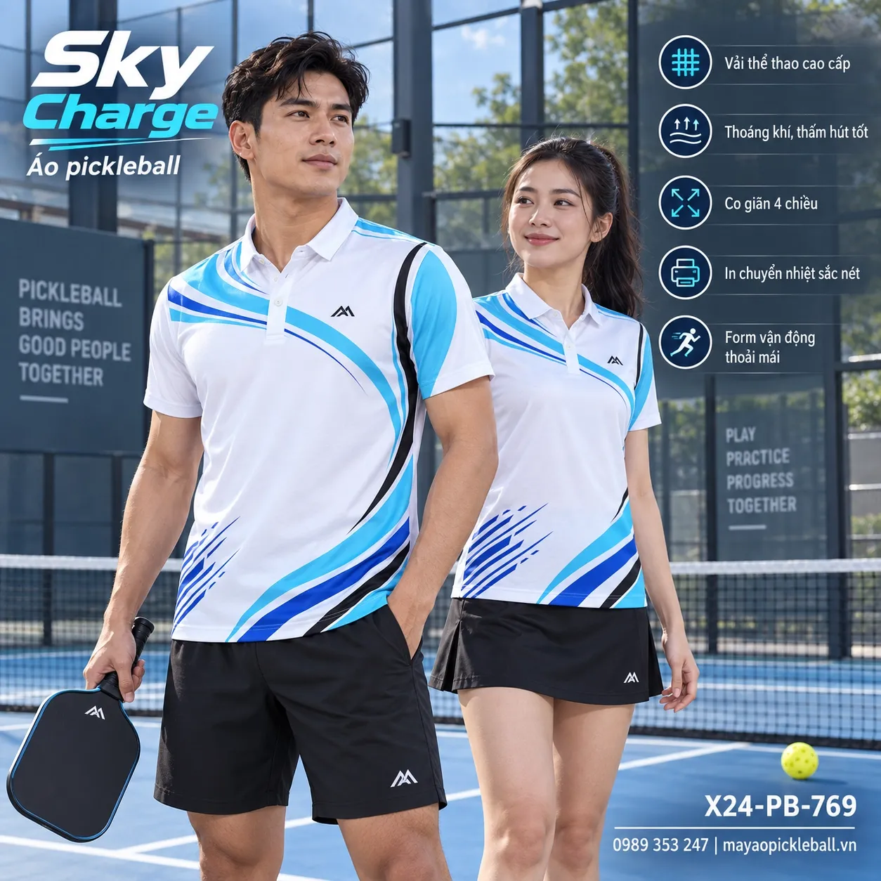 Mẫu áo pickleball Sky Charge phối trắng, xanh cyan, xanh royal, đen, tùy chỉnh logo và tên số cho đội.