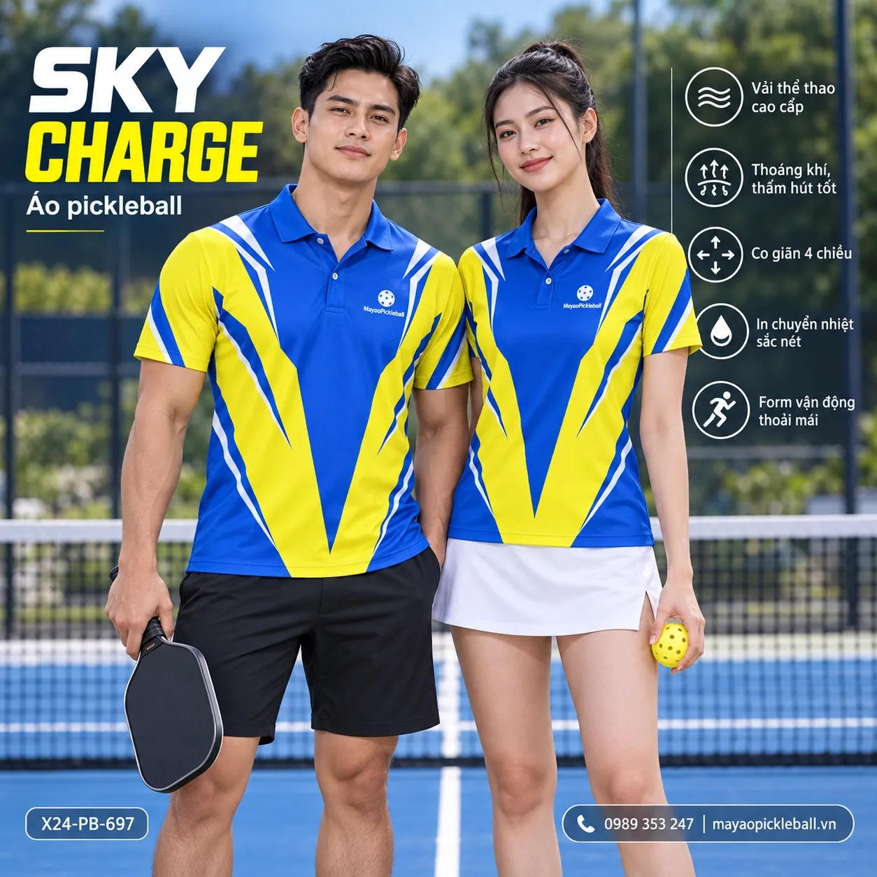 Mẫu áo pickleball Sky Charge phối xanh cobalt, vàng, tùy chỉnh logo và tên số cho đội.