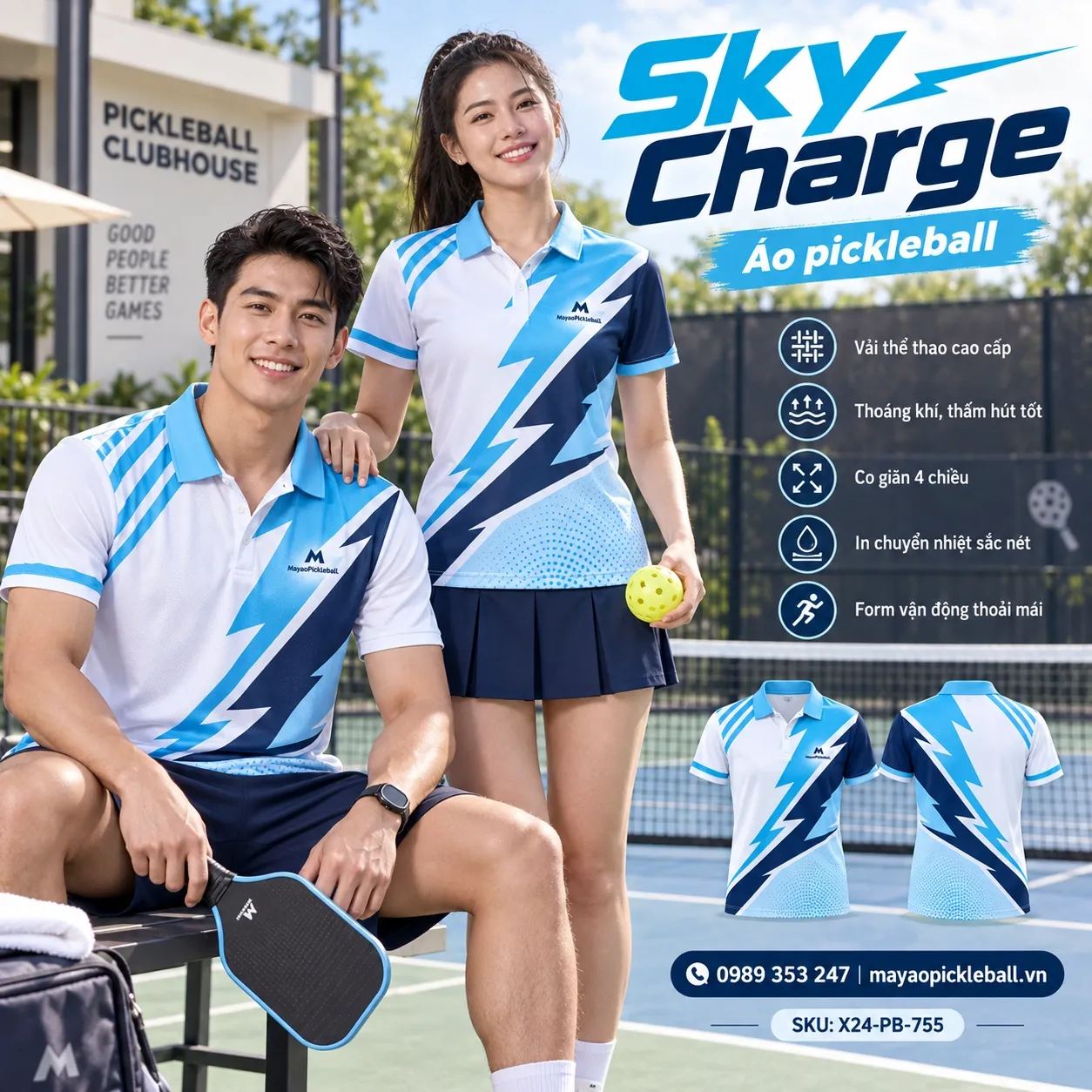 Mẫu áo pickleball Sky Charge phối xanh cyan, trắng, xanh navy đậm, xanh da trời, tùy chỉnh logo và tên số cho đội.