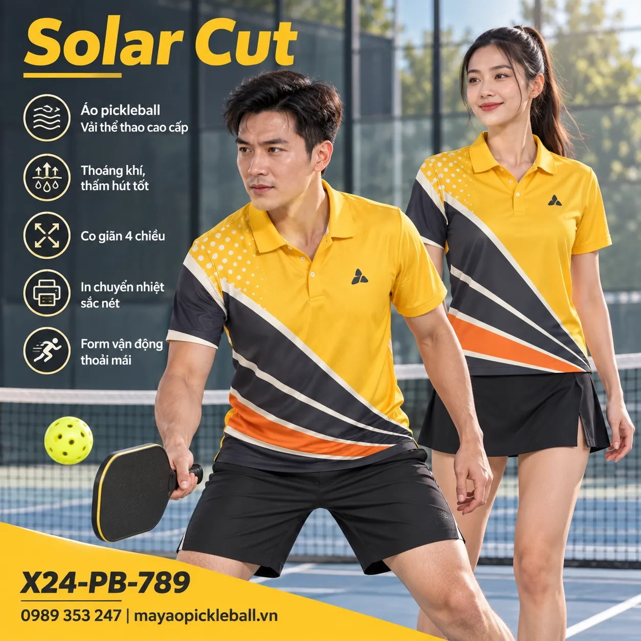 Mẫu áo pickleball Solar Cut phối vàng ấm, xám than, cam, trắng ngà, tùy chỉnh logo và tên số cho đội.