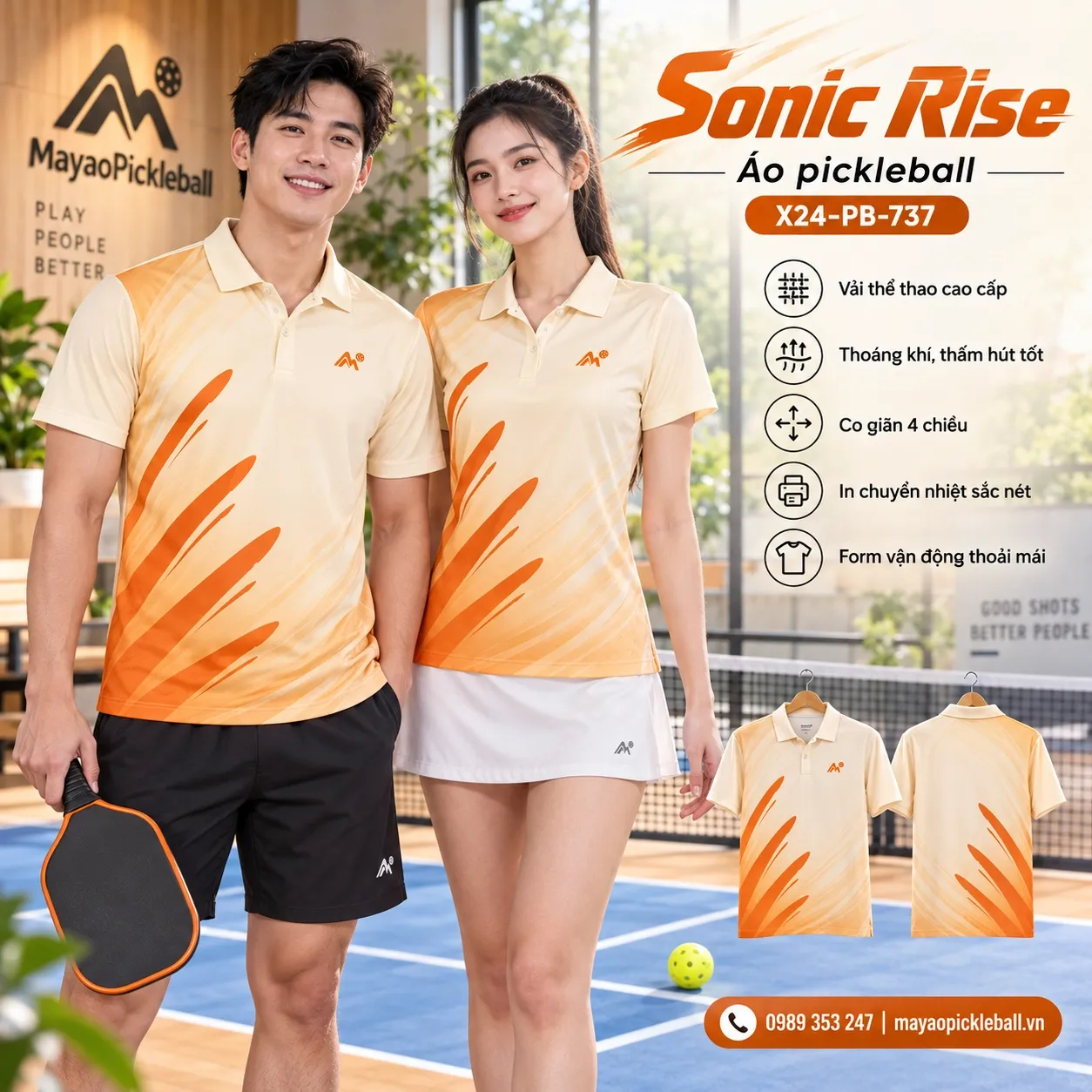 Mẫu áo pickleball Sonic Rise phối cam cháy, kem ấm, tùy chỉnh logo và tên số cho đội.