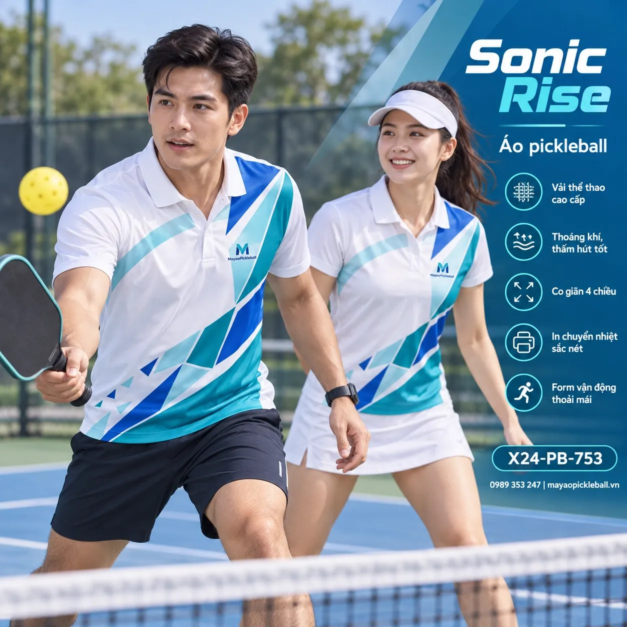 Mẫu áo pickleball Sonic Rise phối trắng, xanh teal, xanh cobalt, xanh aqua nhạt, tùy chỉnh logo và tên số cho đội.