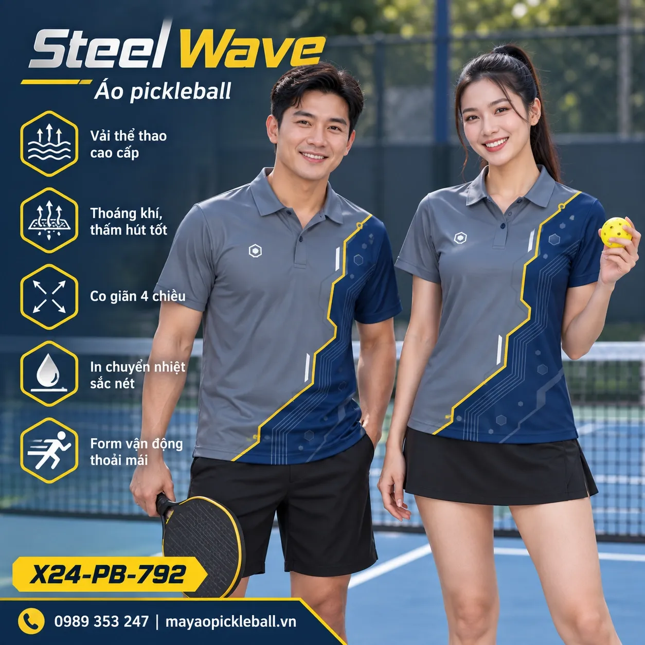 Mẫu áo pickleball Steel Wave phối xám thép, xanh đậm, vàng, trắng, tùy chỉnh logo và tên số cho đội.