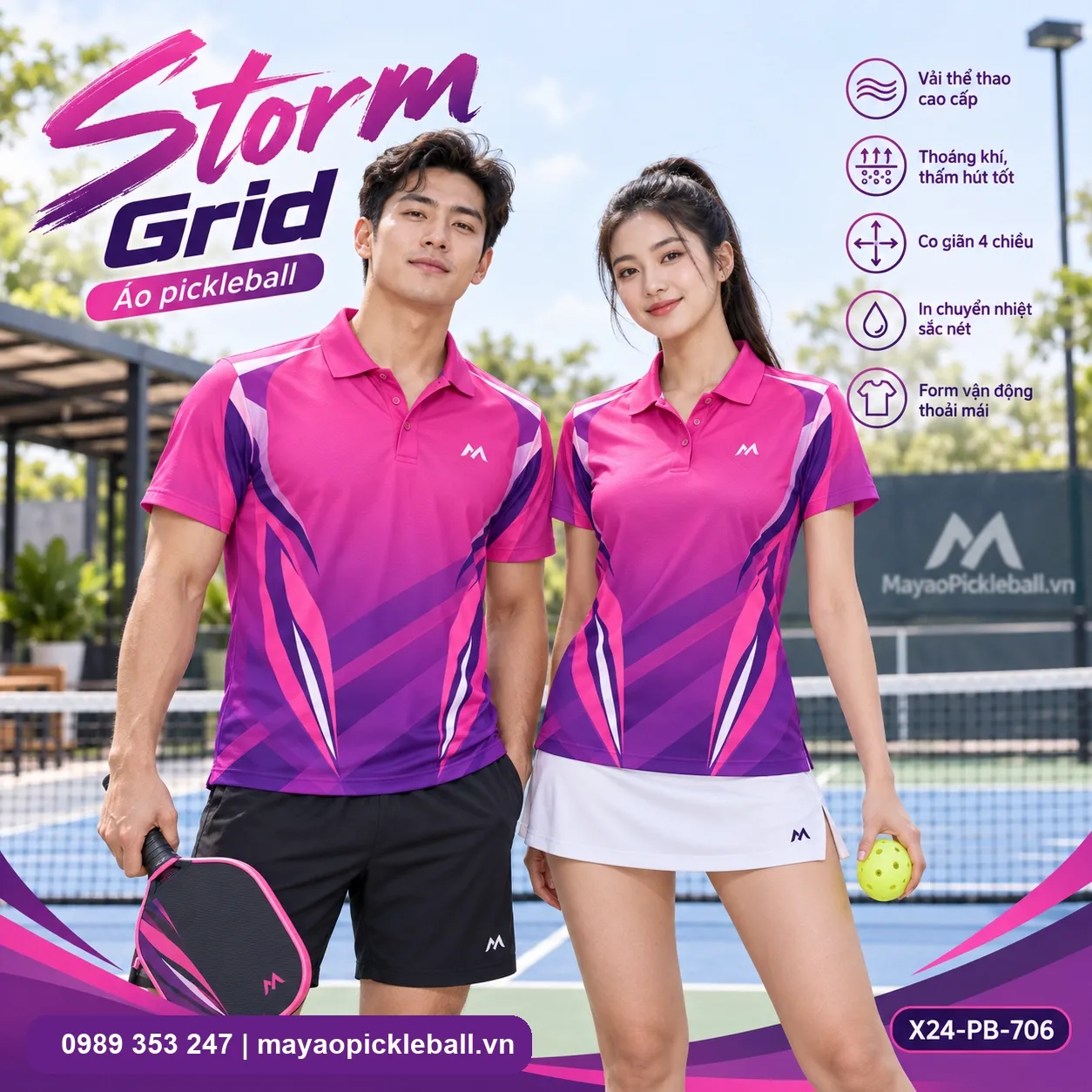 Mẫu áo pickleball Storm Grid phối hồng, tím, tùy chỉnh logo và tên số cho đội.