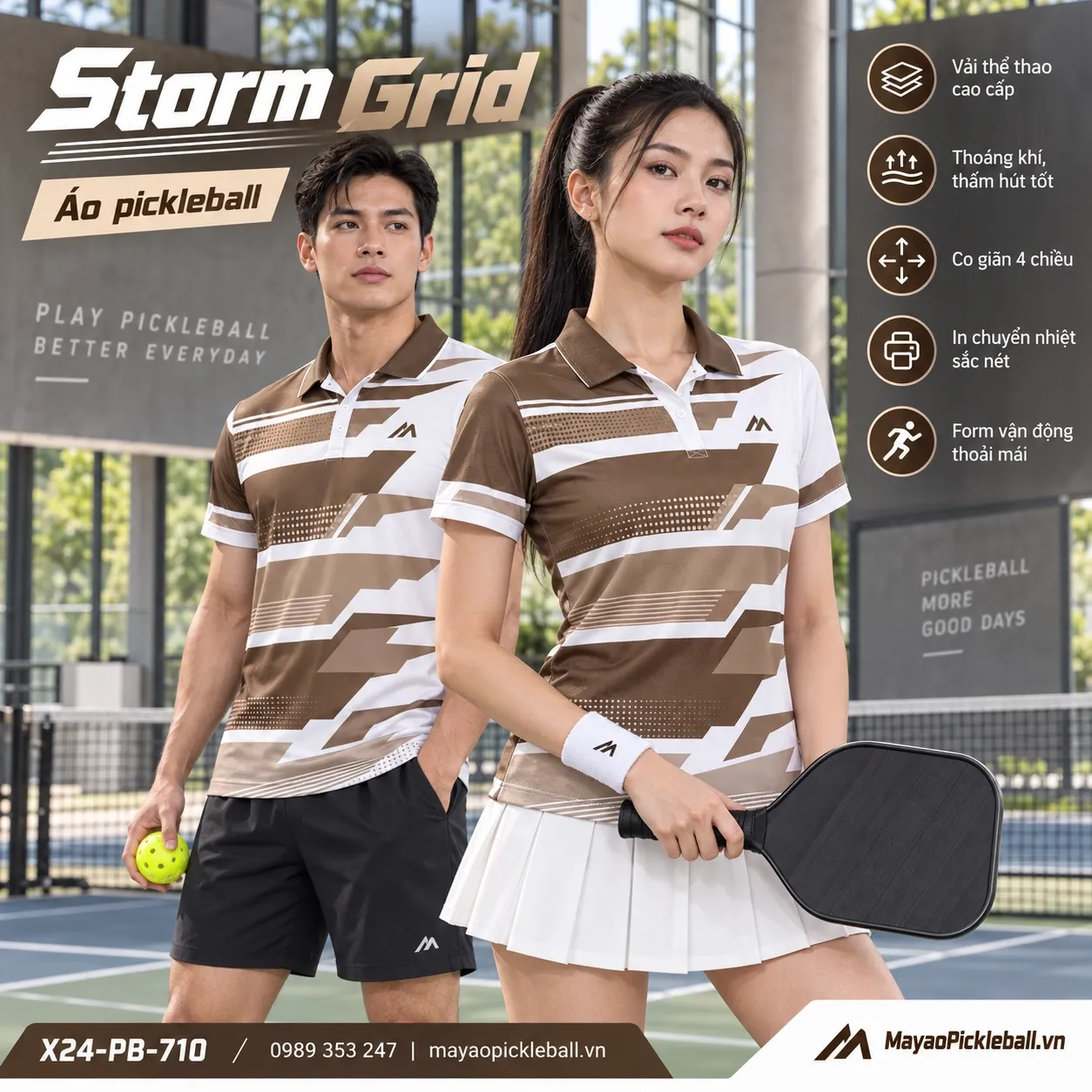 Mẫu áo pickleball Storm Grid phối trắng, nâu cacao, tùy chỉnh logo và tên số cho đội.