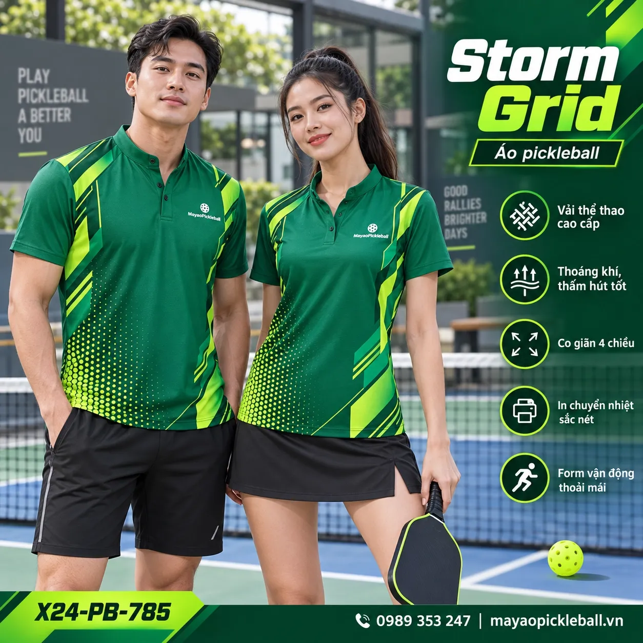 Mẫu áo pickleball Storm Grid phối xanh emerald, xanh lime, xanh rừng, tùy chỉnh logo và tên số cho đội.
