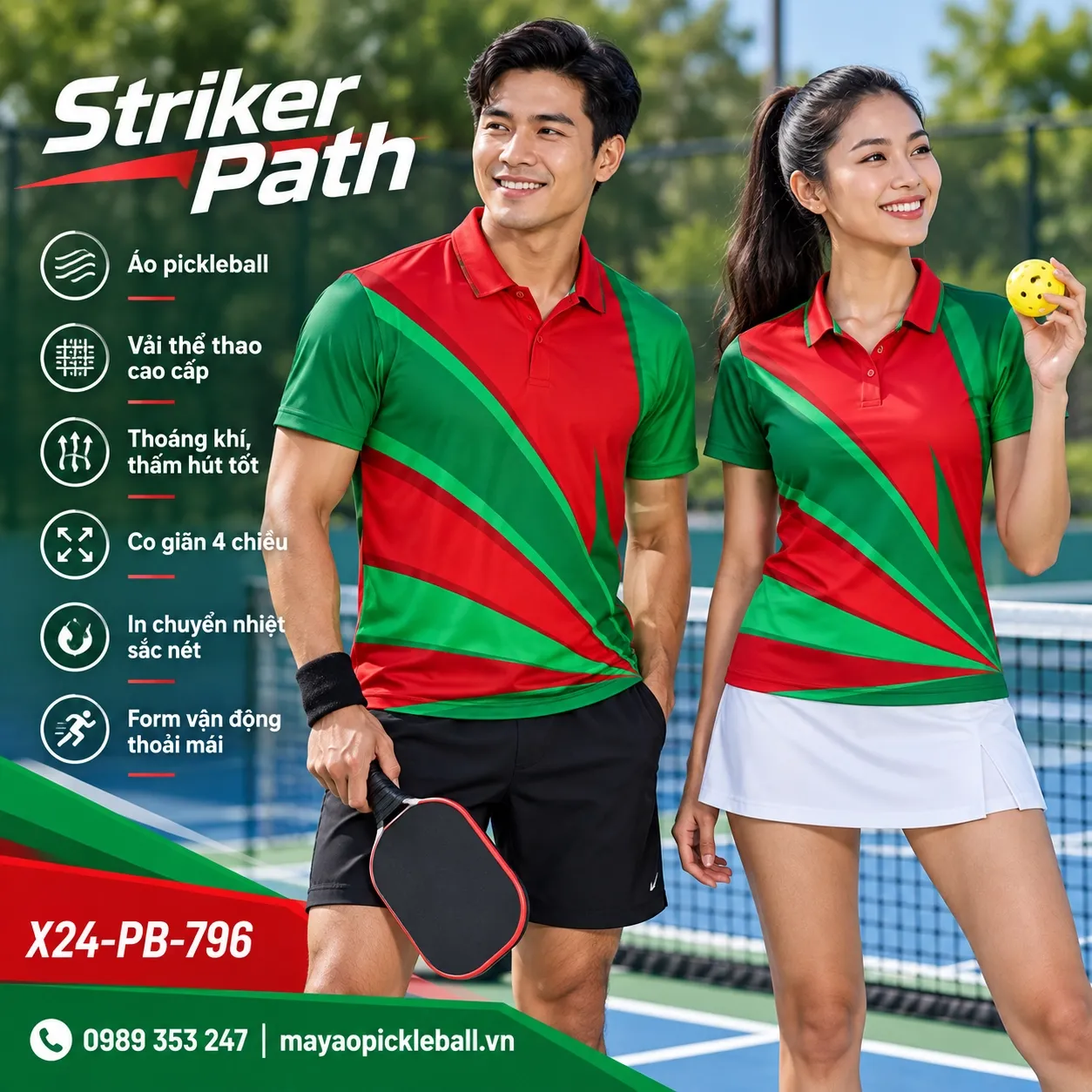 Mẫu áo pickleball Striker Path phối đỏ crimson, xanh emerald, tùy chỉnh logo và tên số cho đội.