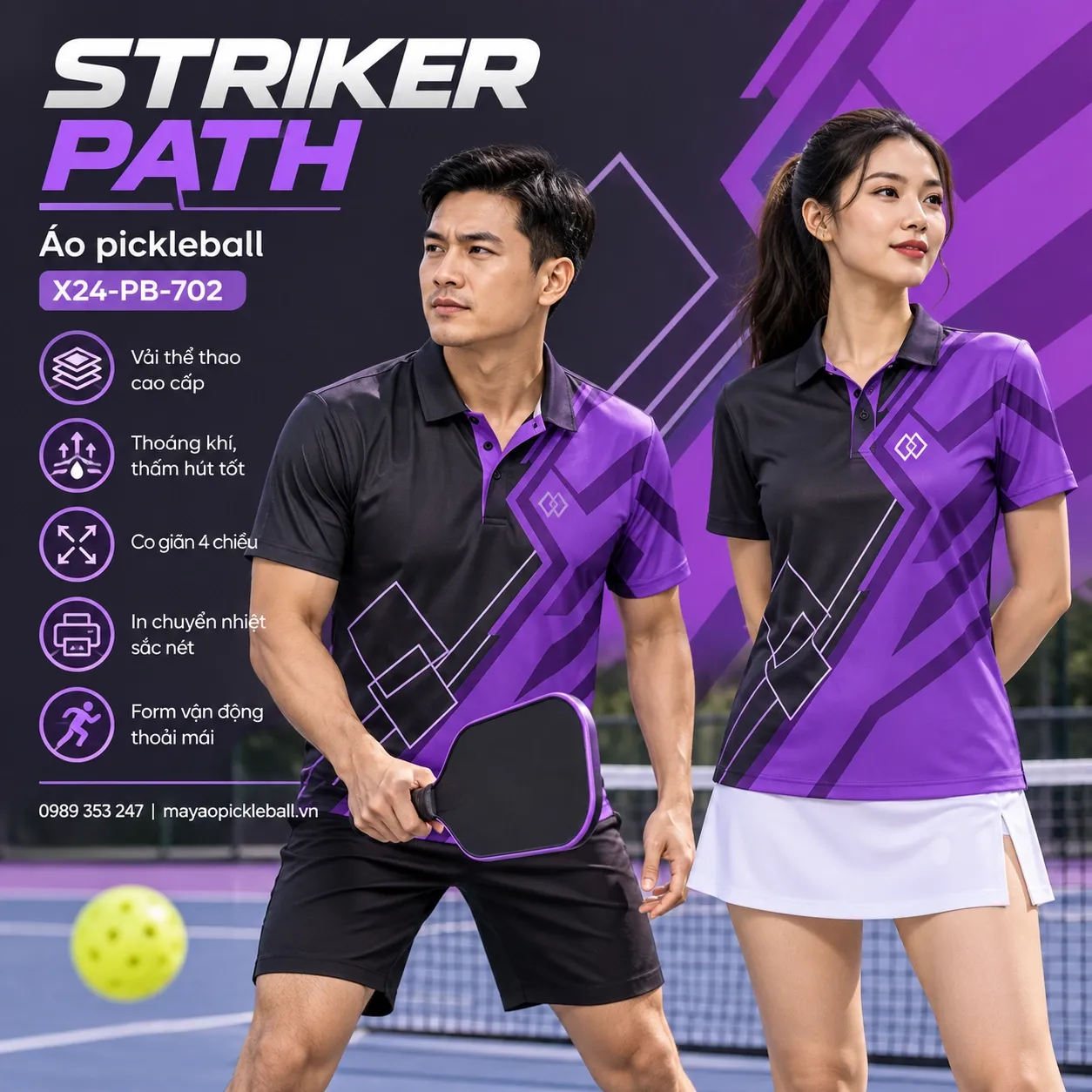 Mẫu áo pickleball Striker Path phối xám than, tím violet, tùy chỉnh logo và tên số cho đội.