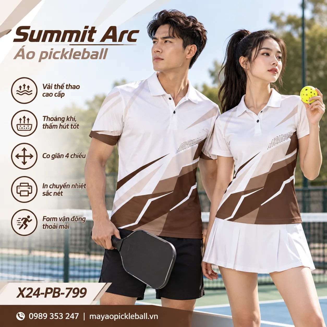 Mẫu áo pickleball Summit Arc phối trắng, nâu cacao, tùy chỉnh logo và tên số cho đội.