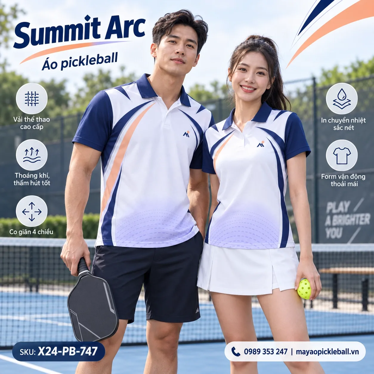 Mẫu áo pickleball Summit Arc phối trắng, xanh navy, tím lavender, cam đào, tùy chỉnh logo và tên số cho đội.