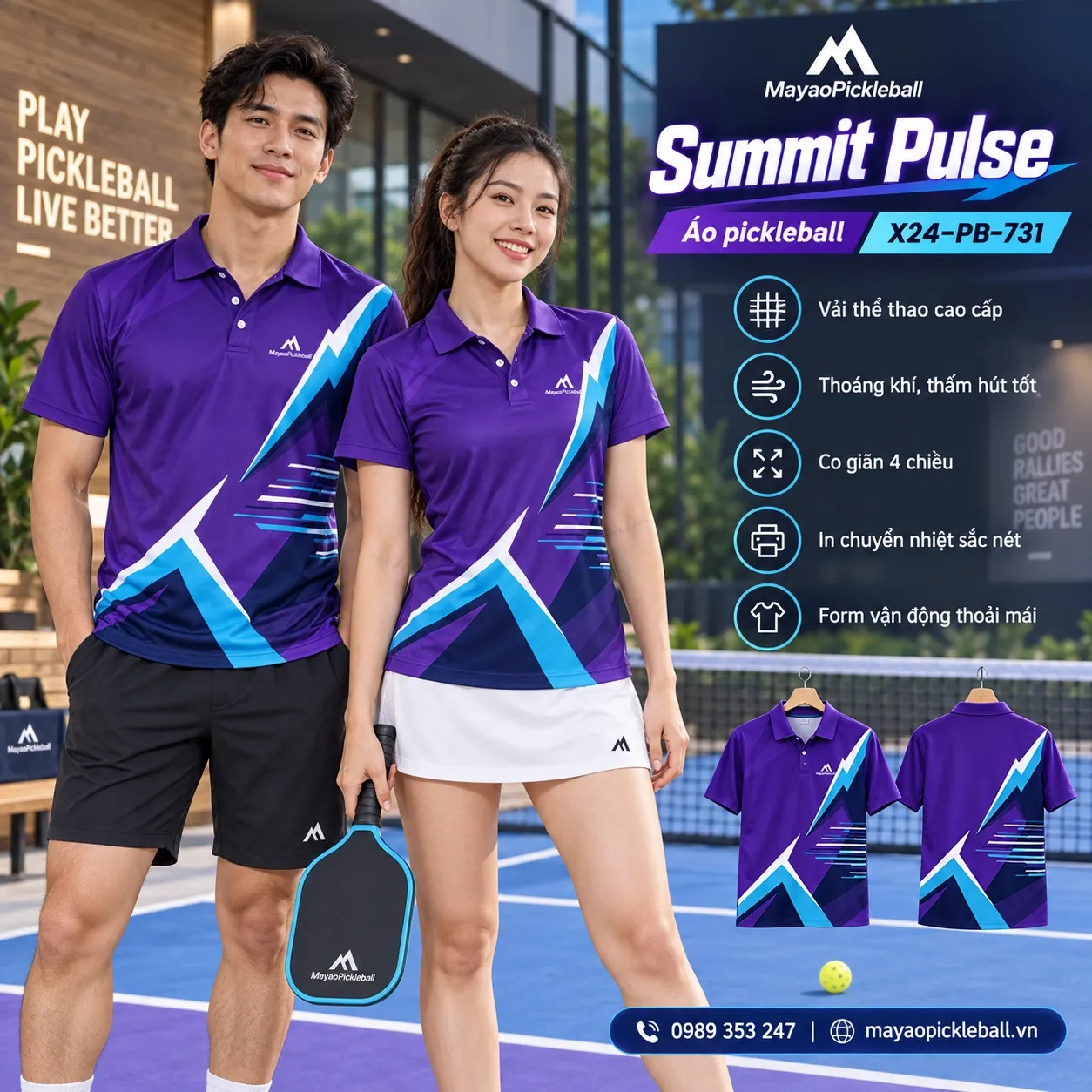 Mẫu áo pickleball Summit Pulse phối tím royal, xanh cyan, trắng, xanh navy đậm, tùy chỉnh logo và tên số cho đội.