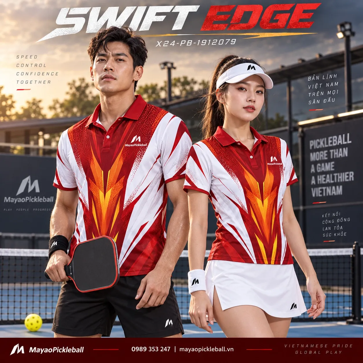 Mẫu áo pickleball Swift Edge phối đỏ crimson, trắng, cam cháy, vàng kim, tùy chỉnh logo và tên số cho đội.