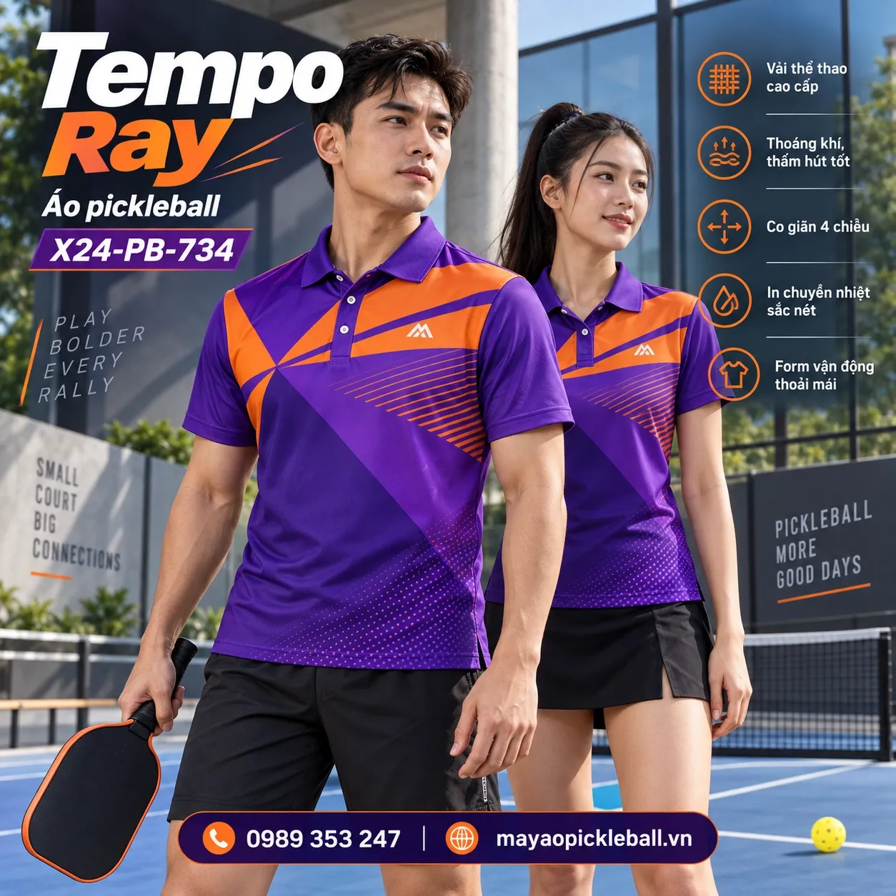 Mẫu áo pickleball Tempo Ray phối tím violet, cam cháy, tùy chỉnh logo và tên số cho đội.