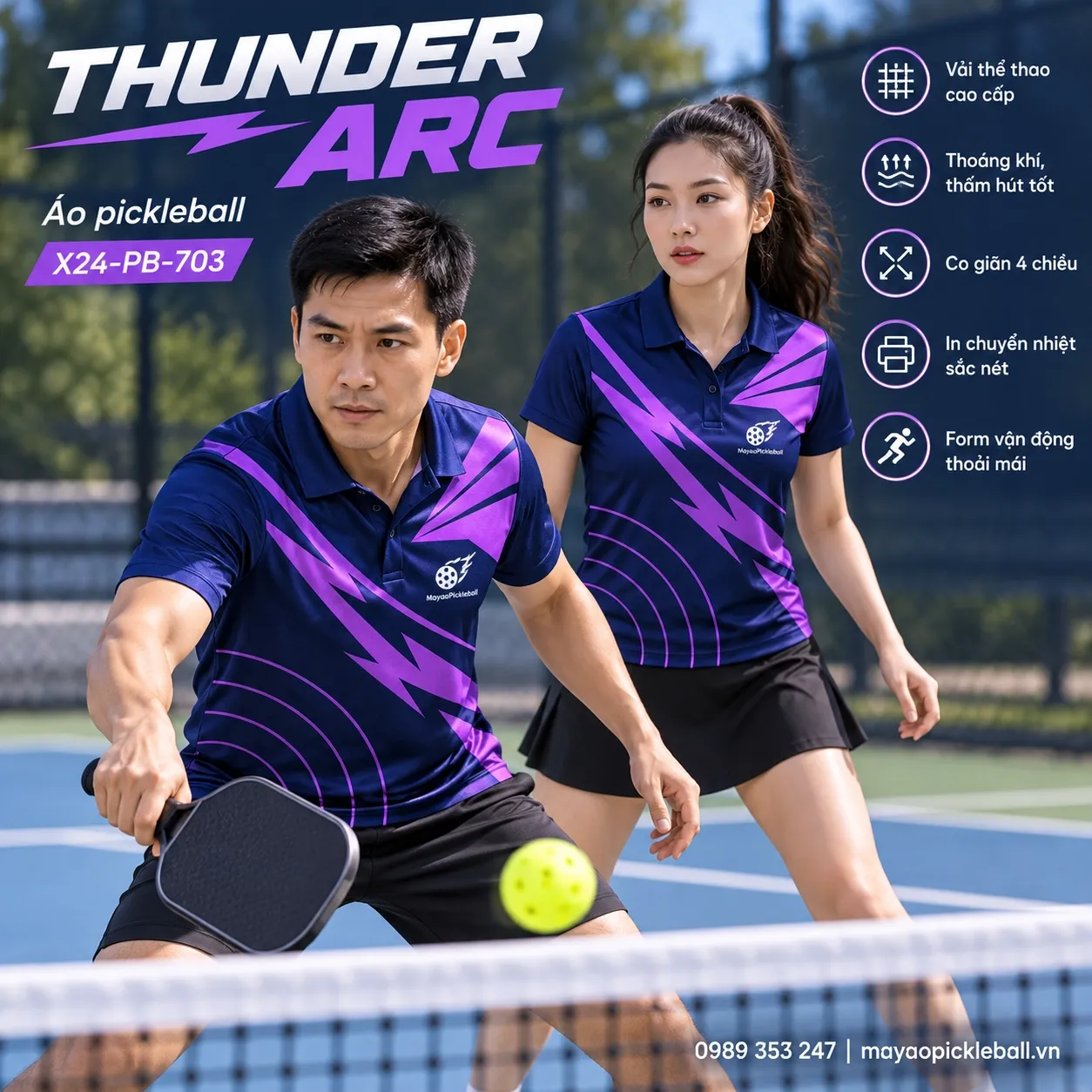 Mẫu áo pickleball Thunder Arc phối xanh navy, tím violet, tùy chỉnh logo và tên số cho đội.