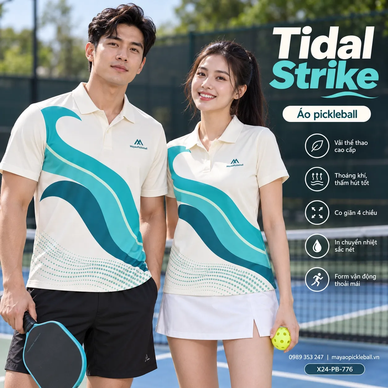 Mẫu áo pickleball Tidal Strike phối trắng kem, xanh turquoise, xanh teal, xanh seafoam, tùy chỉnh logo và tên số cho đội.