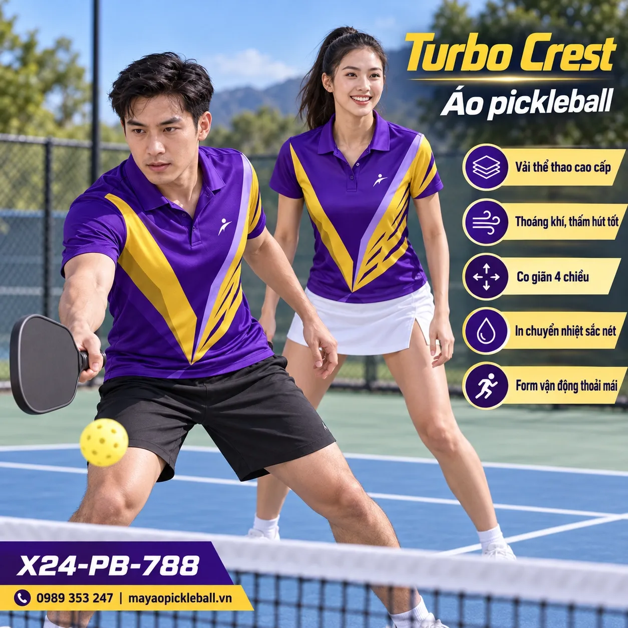 Mẫu áo pickleball Turbo Crest phối tím violet, vàng gold, tím lavender, tùy chỉnh logo và tên số cho đội.