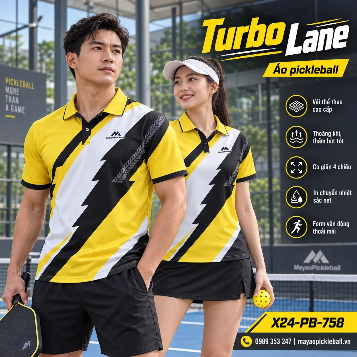 Mẫu áo pickleball Turbo Lane phối vàng tươi, đen, trắng, xám graphite, tùy chỉnh logo và tên số cho đội.
