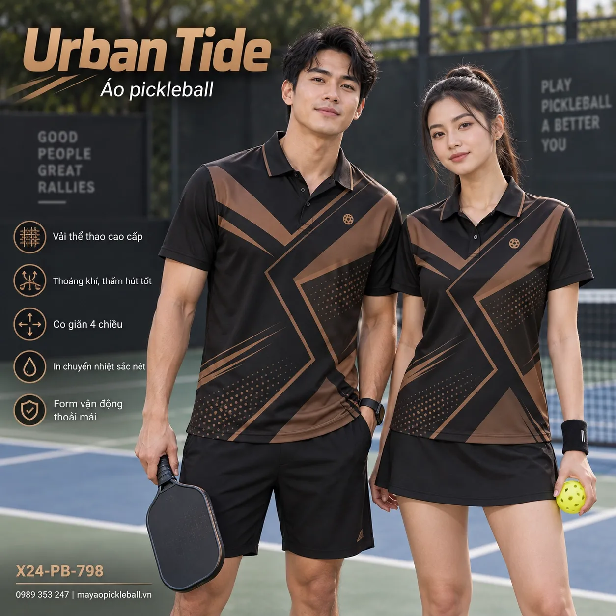Mẫu áo pickleball Urban Tide phối đen, nâu cacao, tùy chỉnh logo và tên số cho đội.