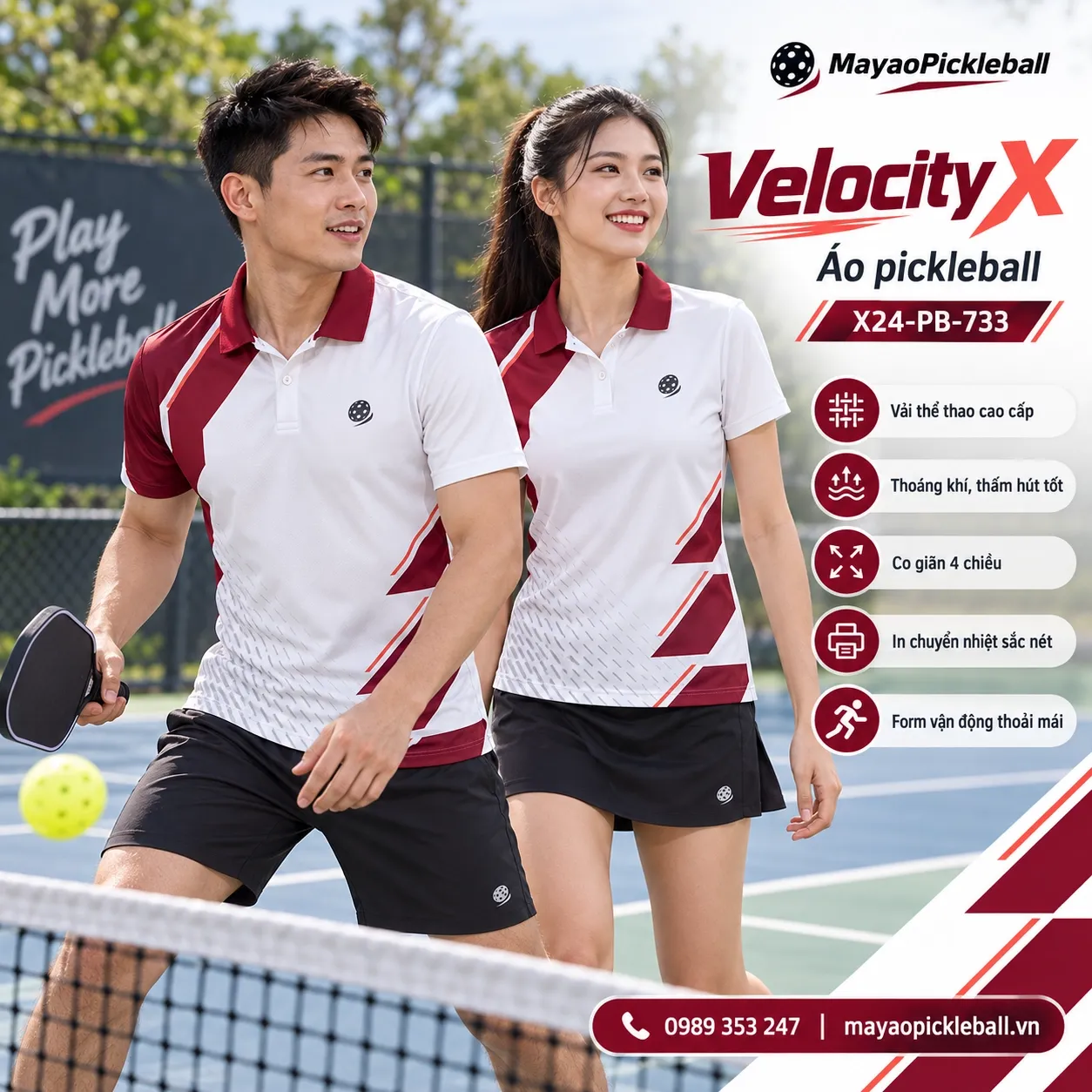Mẫu áo pickleball Velocity X phối trắng, đỏ đô, đỏ san hô, xám nhạt, tùy chỉnh logo và tên số cho đội.
