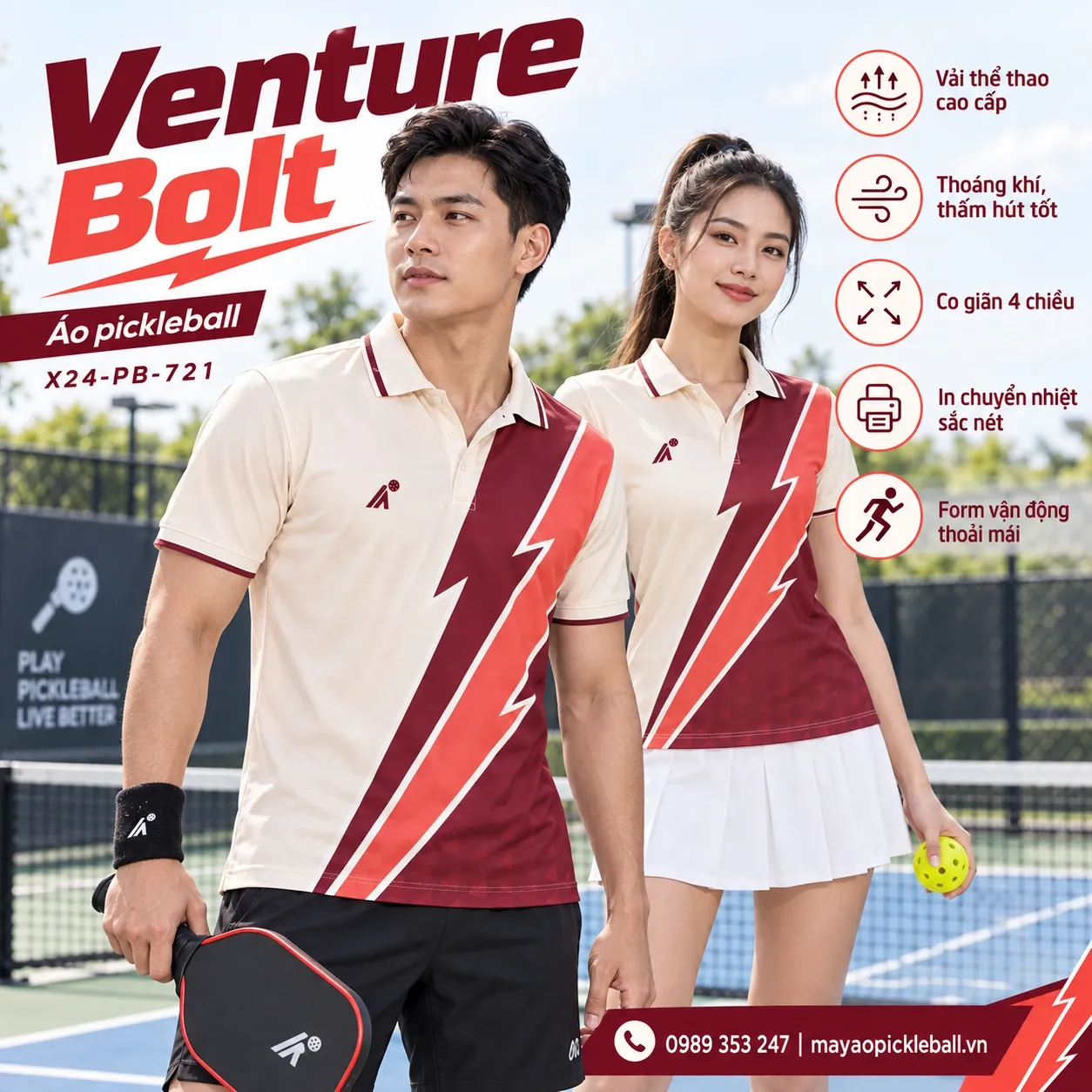 Mẫu áo pickleball Venture Bolt phối đỏ maroon, đỏ coral, kem, trắng, tùy chỉnh logo và tên số cho đội.
