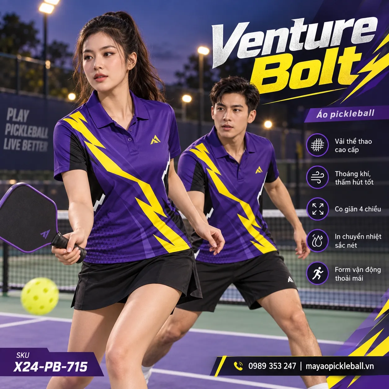 Mẫu áo pickleball Venture Bolt phối tím đậm, vàng sáng, đen, trắng, tùy chỉnh logo và tên số cho đội.