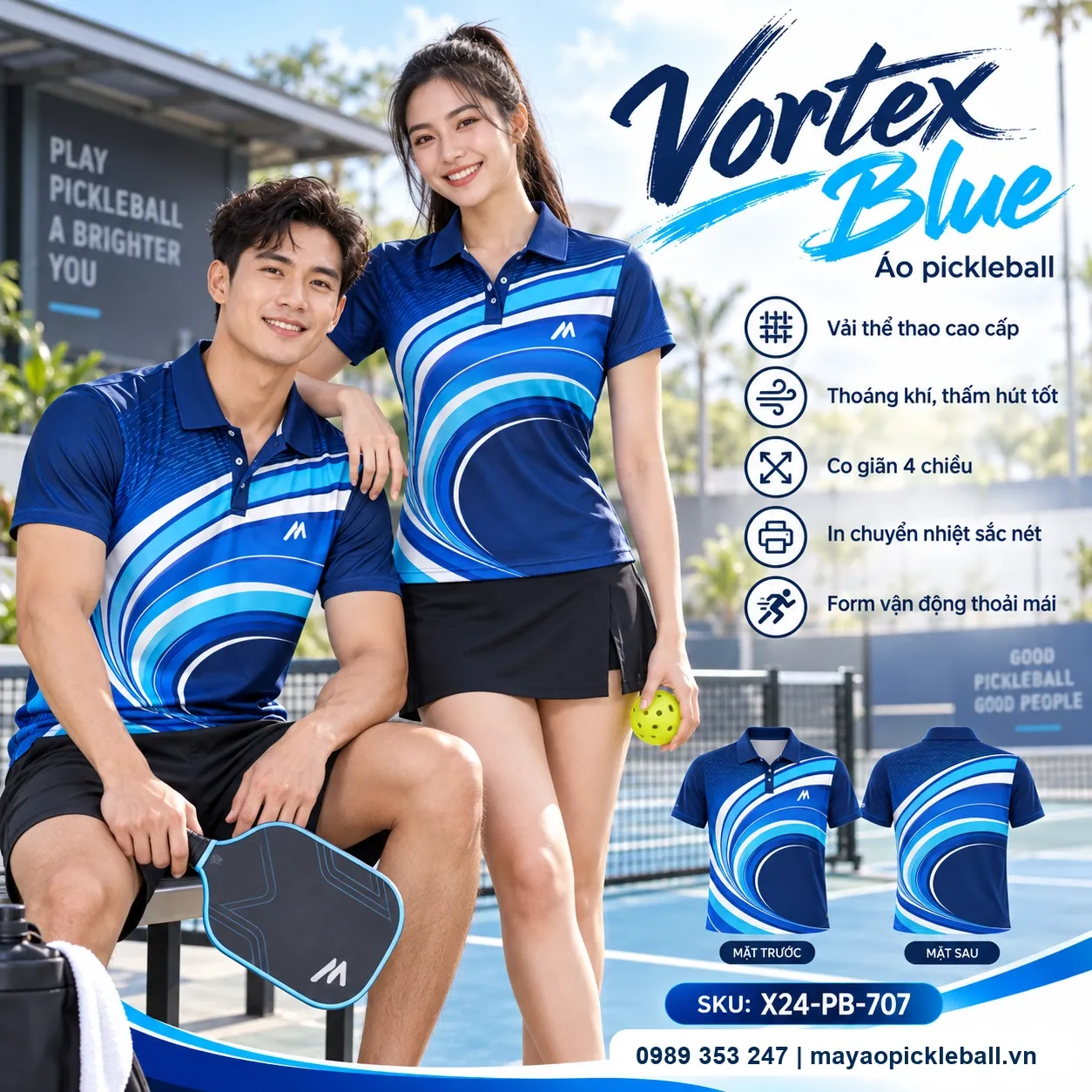 Mẫu áo pickleball Vortex Blue phối xanh navy, xanh cobalt, xanh cyan, trắng, tùy chỉnh logo và tên số cho đội.