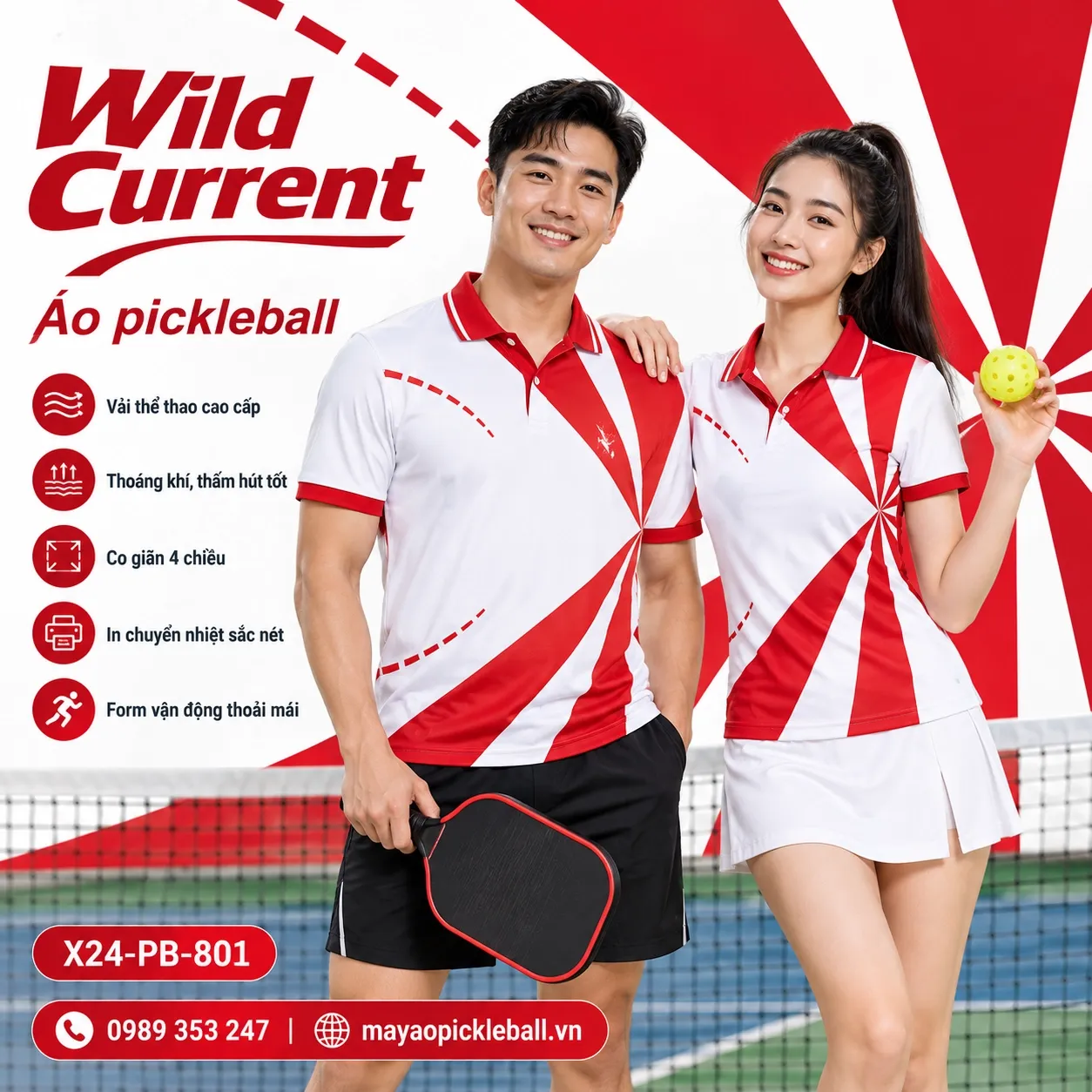 Mẫu áo pickleball Wild Current phối trắng, đỏ crimson, tùy chỉnh logo và tên số cho đội.