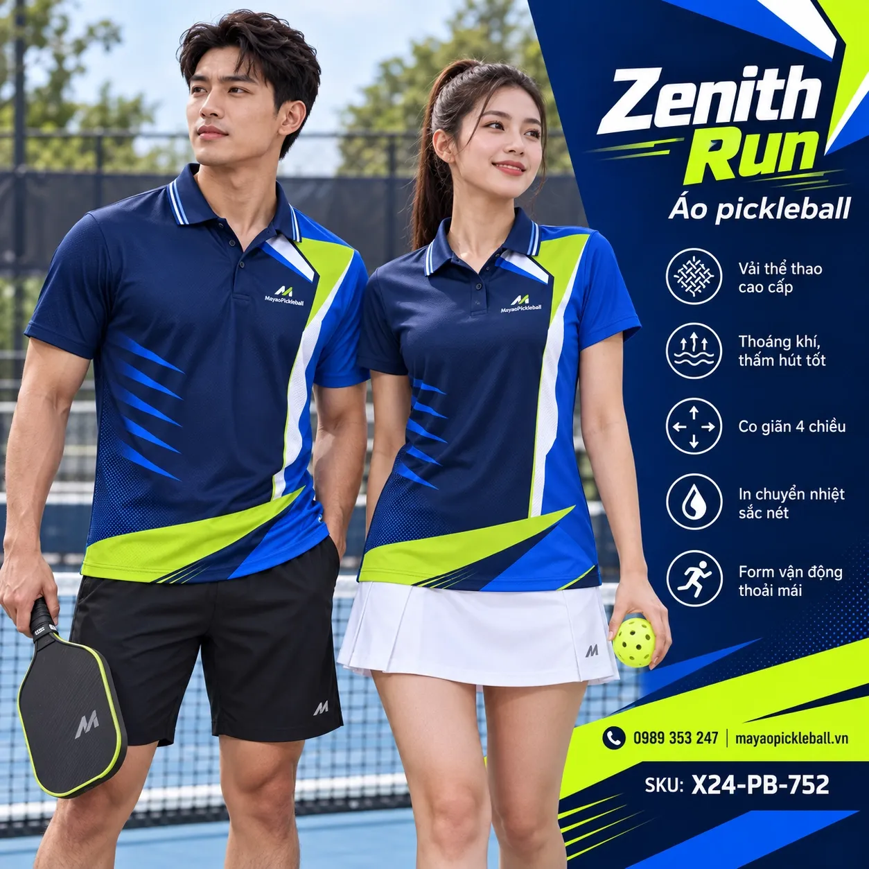 Mẫu áo pickleball Zenith Run phối xanh navy, xanh royal, xanh lime, trắng, tùy chỉnh logo và tên số cho đội.