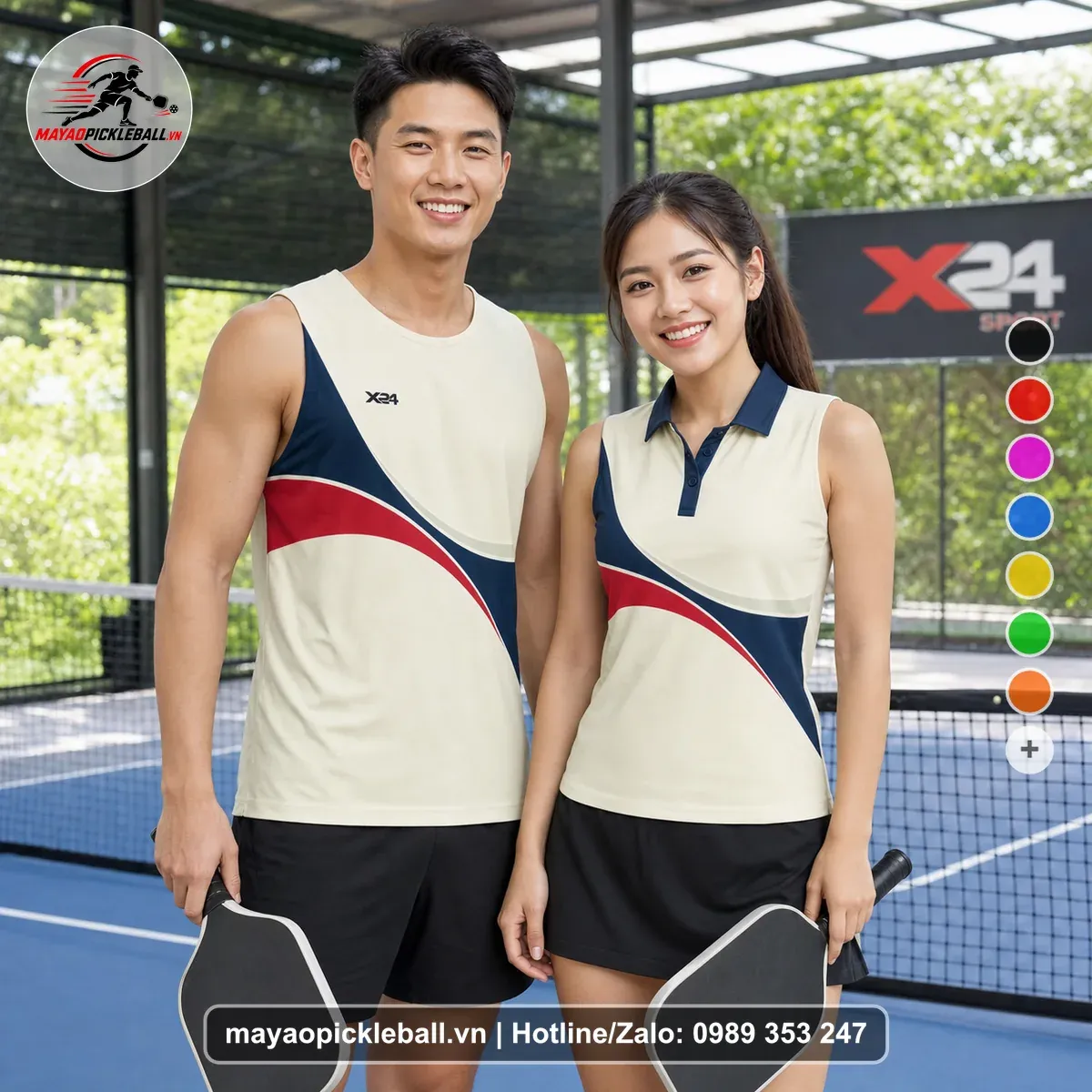 Bộ Quần Áo Pickleball PND-PB-545 Kem Xanh Navy Đỏ