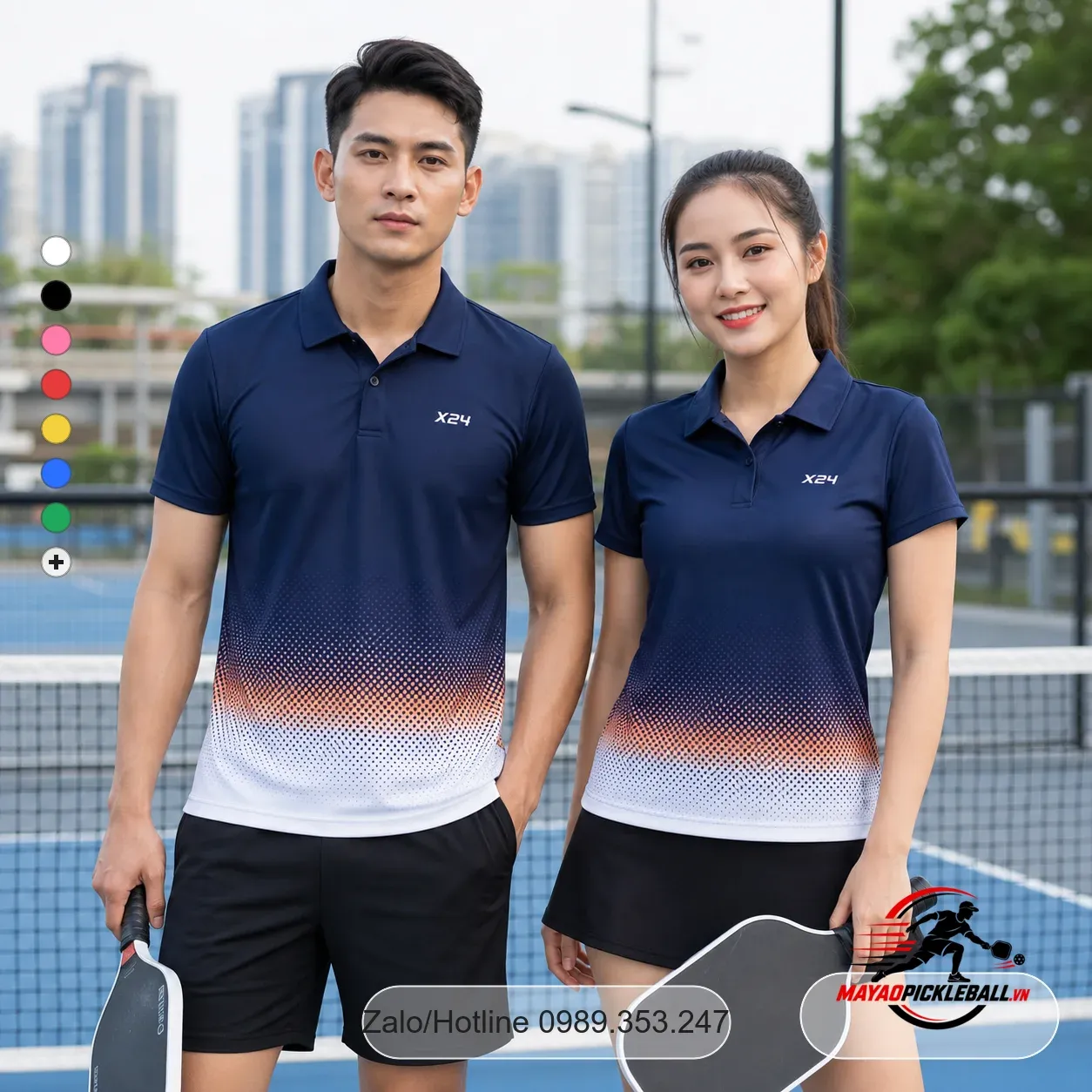 PND-PB-016 - áo pickleball nam nữ có cổ tay ngắn xanh tím than cam trắng