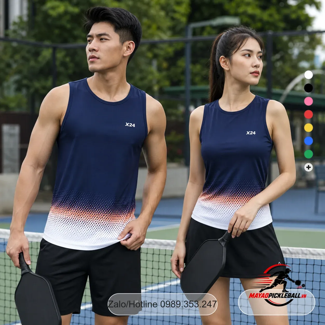 PND-PB-016 - áo pickleball nam 3 lỗ nữ không tay xanh tím than cam trắng