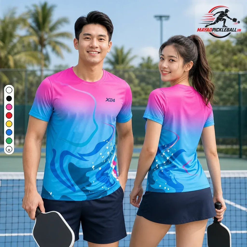 Bộ quần áo pickleball nam nữ PND màu hồng xanh trên sân pickleball