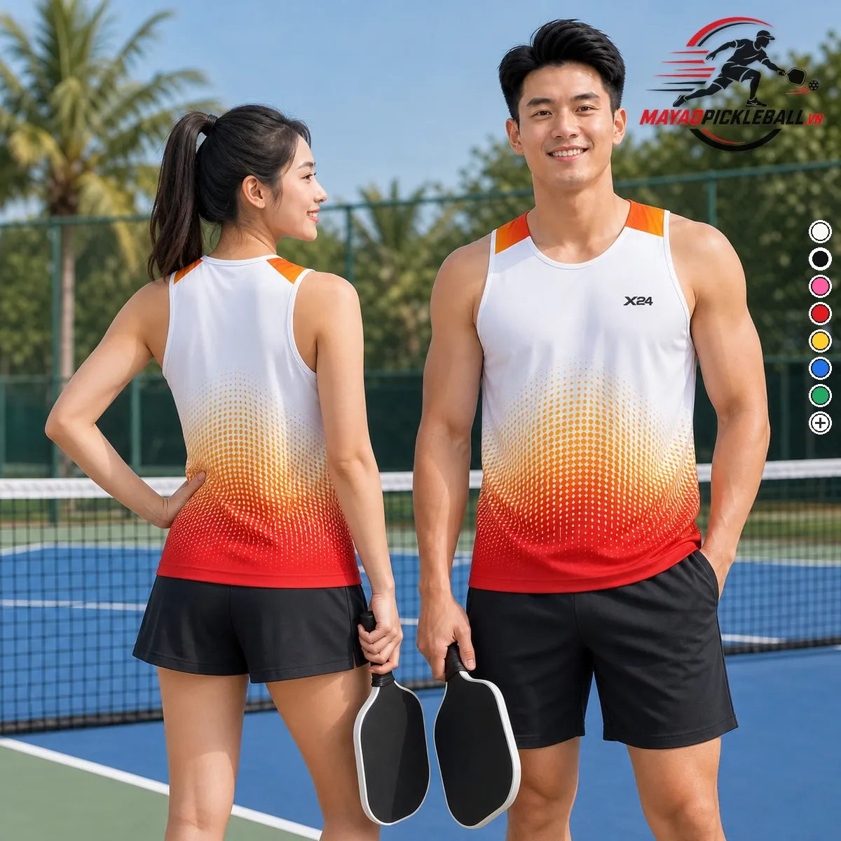 Áo pickleball nam ba lỗ và áo pickleball nữ khoét nách thể thao PND màu trắng đỏ cam trên sân pickleball