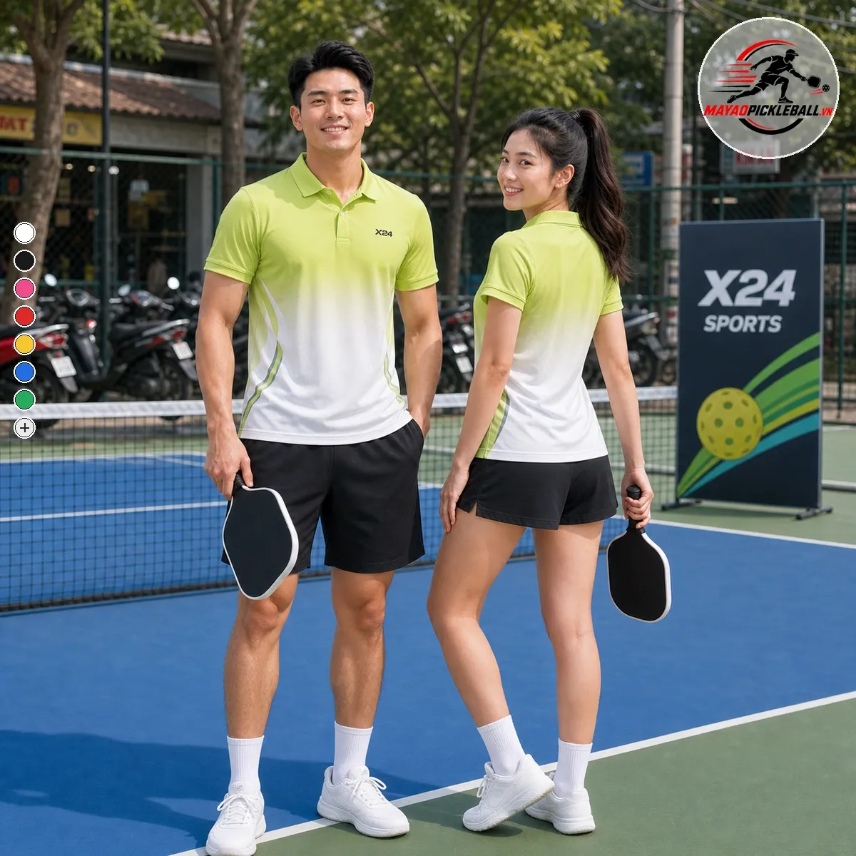 Bộ quần áo pickleball nam nữ PND xanh lá trắng có cổ tay ngắn PND-PB-007
