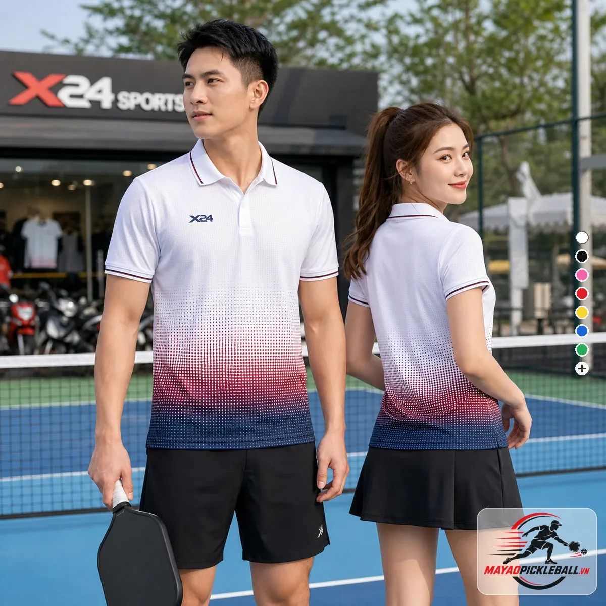 Áo pickleball nam nữ có cổ tay áo ngắn PND màu trắng gradient đỏ xanh trên sân pickleball