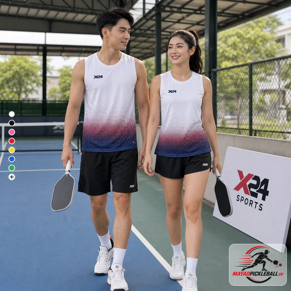 Áo pickleball nam nữ không tay sát nách PND màu trắng gradient đỏ xanh trên sân pickleball
