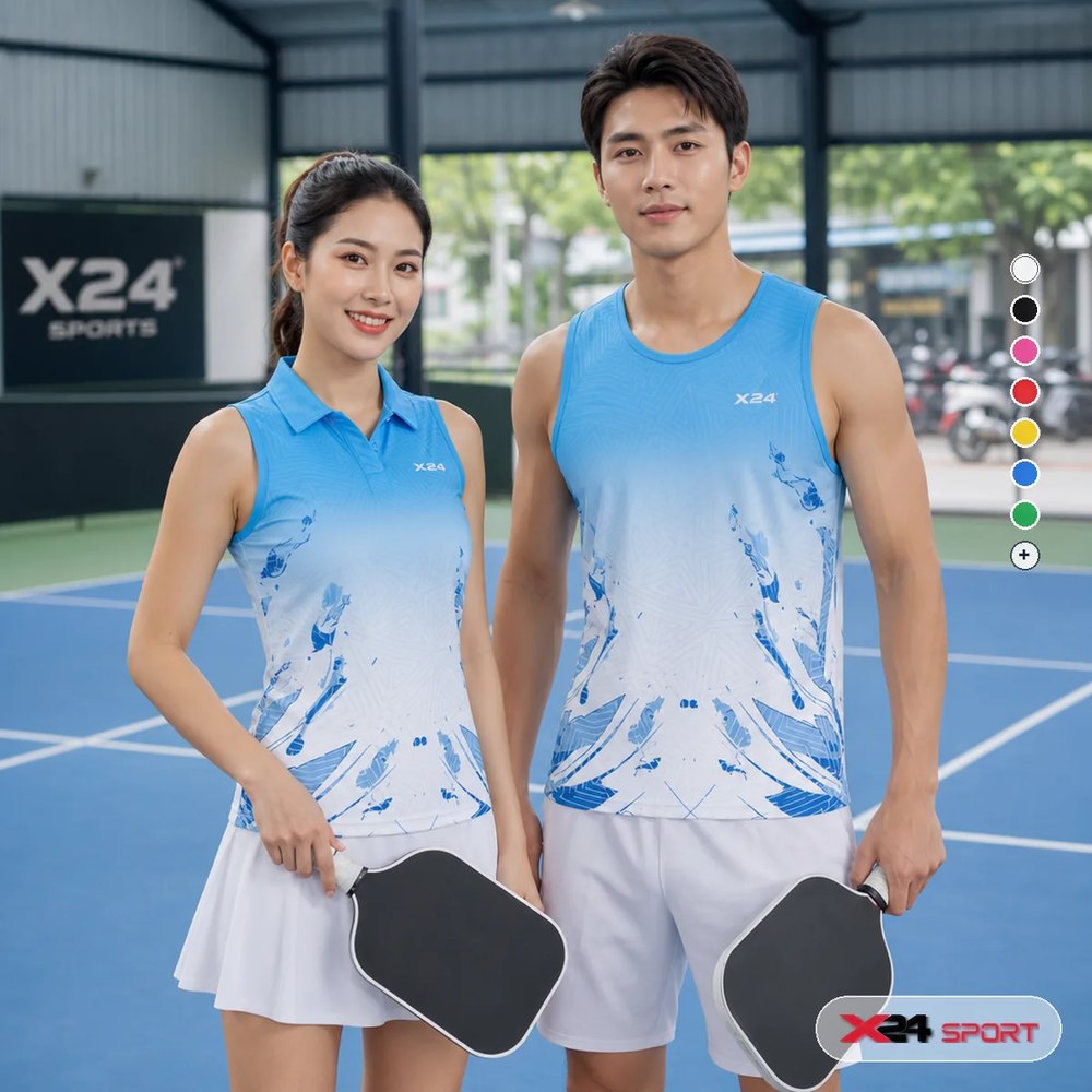 Áo pickleball nam 3 lỗ phối áo pickleball nữ không tay PND màu xanh dương trắng trên sân pickleball