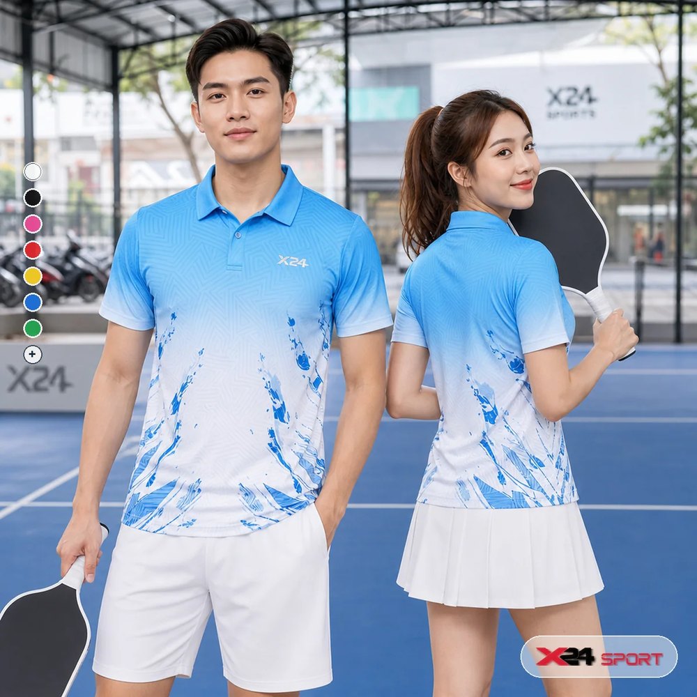 Áo pickleball nam nữ có cổ tay áo ngắn PND màu xanh dương trắng trên sân pickleball