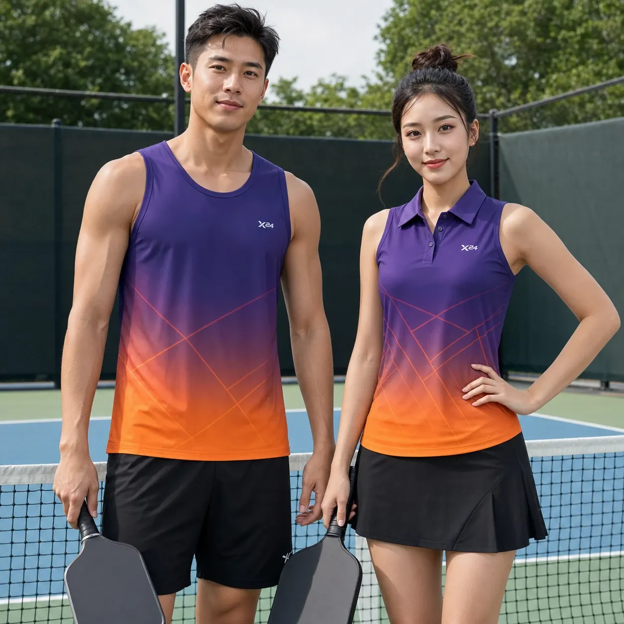 Ao pickleball nam ba lo va ao pickleball nu khong tay co co mau tim cam PND tren san pickleball
