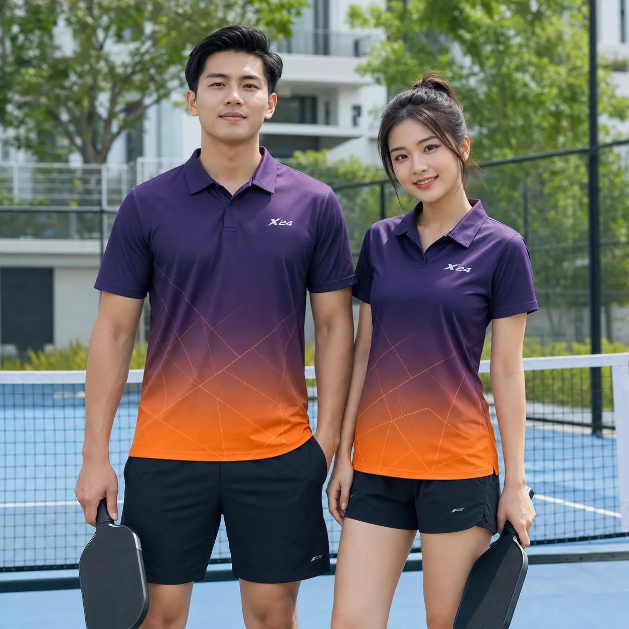 Ao pickleball nam nu co co tay ngan PND mau tim cam tren san pickleball