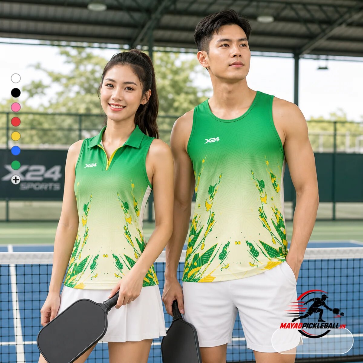 Áo pickleball nam 3 lỗ phối áo pickleball nữ không tay PND màu xanh lá vàng trên sân pickleball