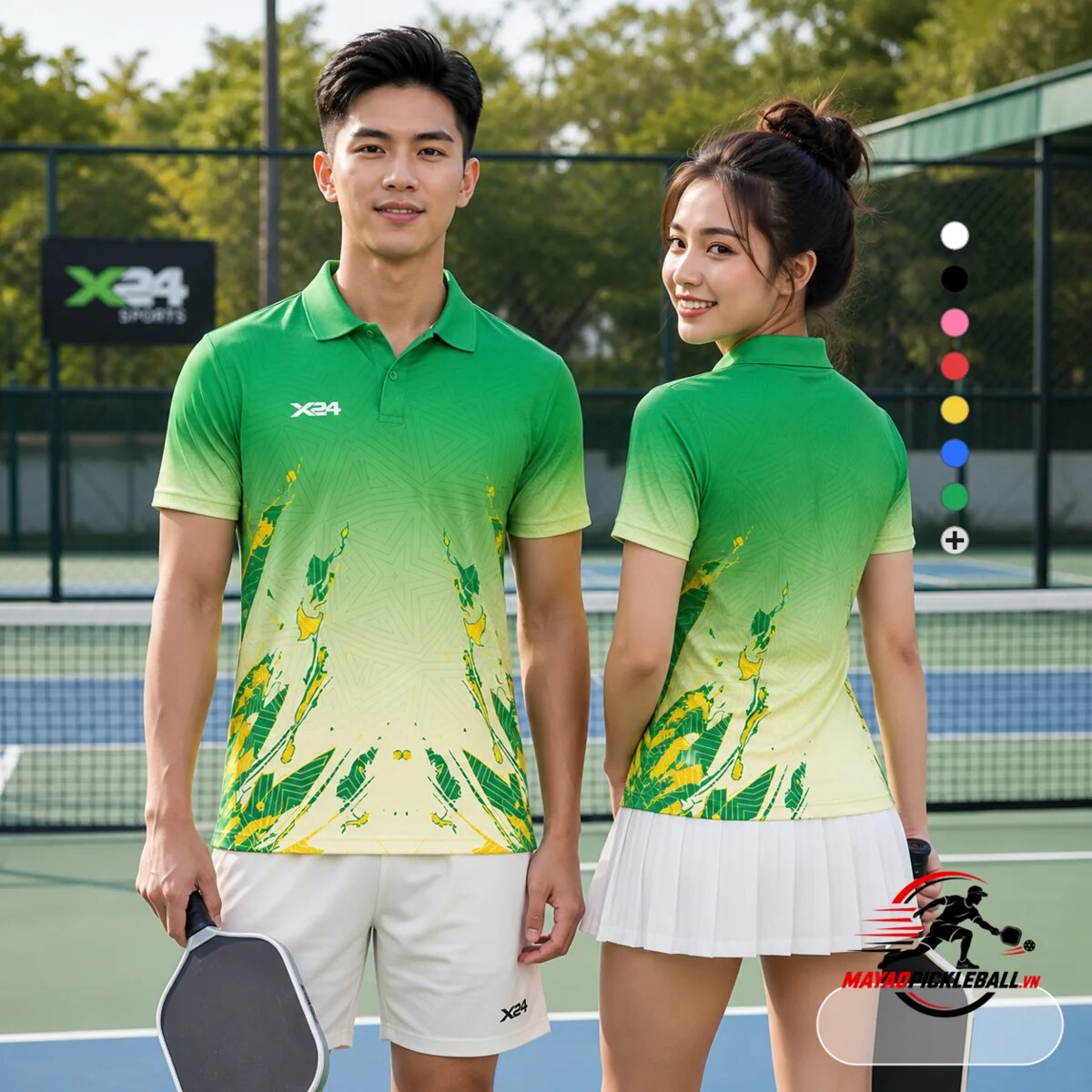 Áo pickleball nam nữ có cổ tay áo ngắn PND màu xanh lá vàng trên sân pickleball