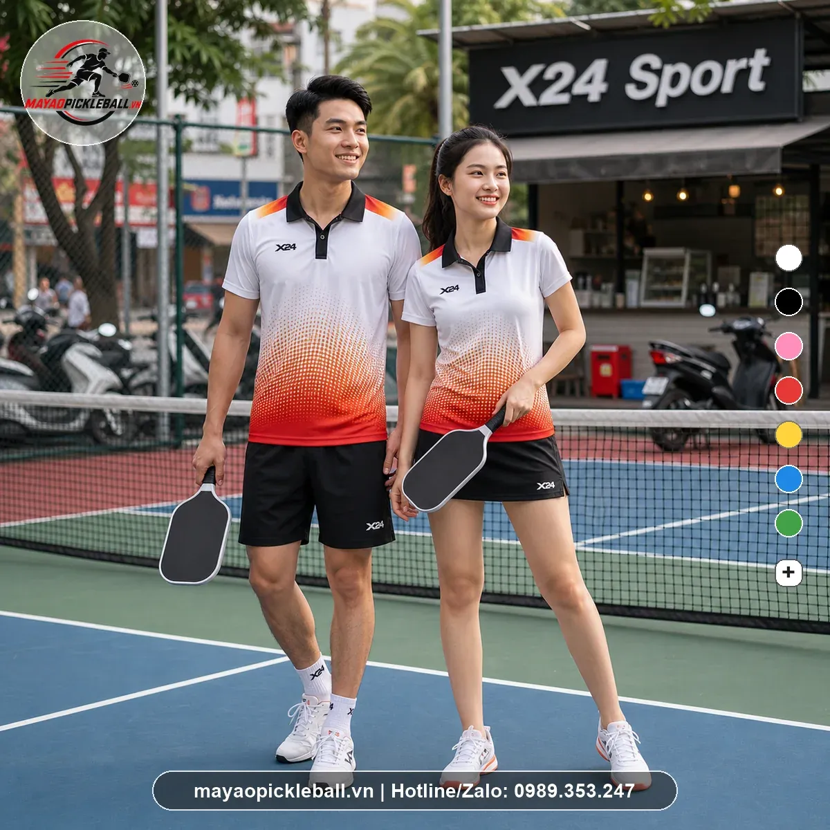 Áo pickleball nam nữ có cổ tay ngắn PND PB-019 trắng đỏ cam
