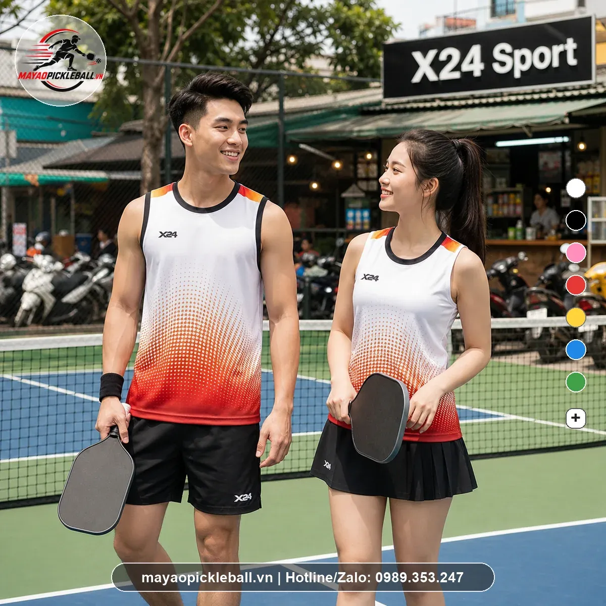 Áo pickleball nam 3 lỗ nữ không tay PND PB-019 trắng đỏ cam