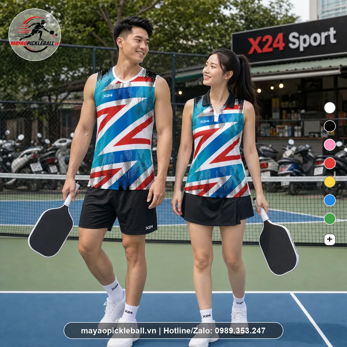 Áo pickleball nam 3 lỗ không cổ nữ không tay có cổ PND PB-020 trắng xanh đỏ