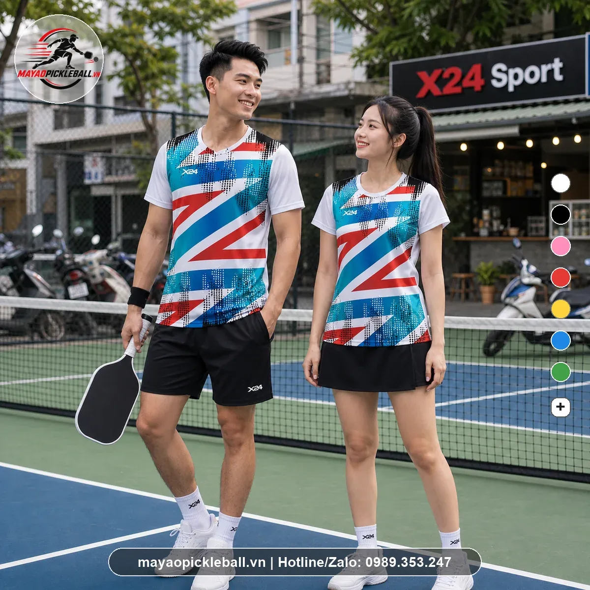 Áo pickleball nam nữ tay ngắn cổ tròn PND PB-020 trắng xanh đỏ
